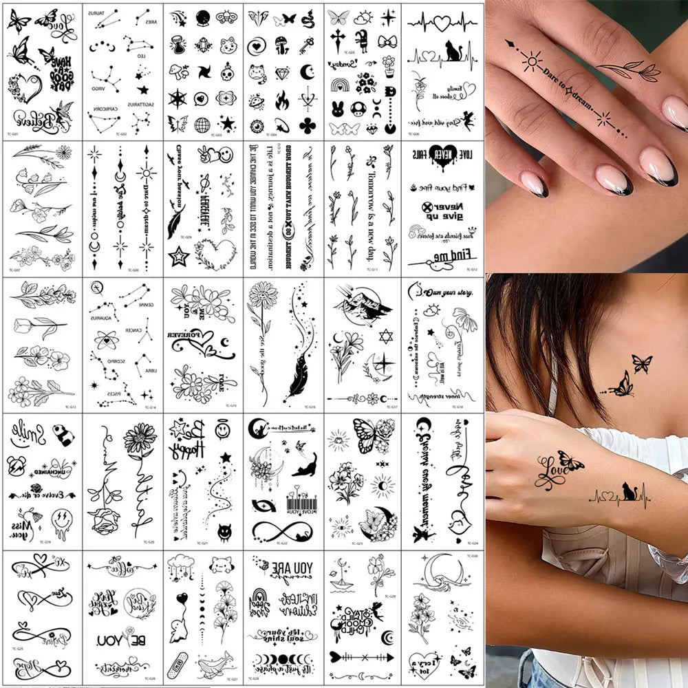 30pcs Black Temporary Tattoo Stickers - Flower Butterfly Rose Moon Star Mandala Designs for Hand, Chest & Body Art