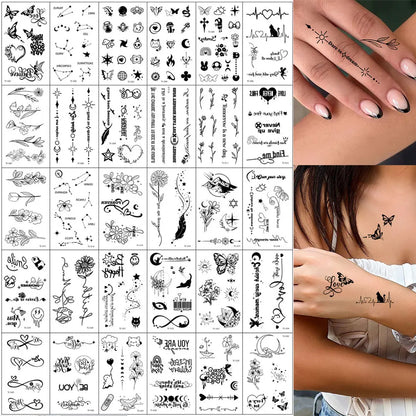 30pcs Black Temporary Tattoo Stickers - Flower Butterfly Rose Moon Star Mandala Designs for Hand, Chest & Body Art