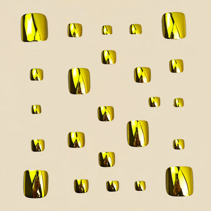 24Pcs Glossy Gold Press-On Toenails - Electroplated Metal Design Square False Toenails for Women & Girls