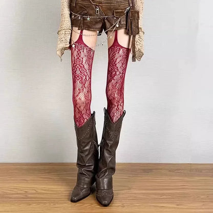 Lolita Punk Style Floral Thigh High Tights for Women, Sheer Colorful Fishnet Suspender Stockings with Garter Belt Pantyhose