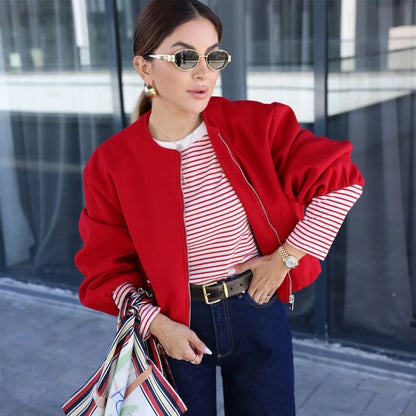 TRAF Women’s Red Zipper Bomber Jacket – Soft Cropped Sports Jacket, Long Sleeve 2024 Outerwear