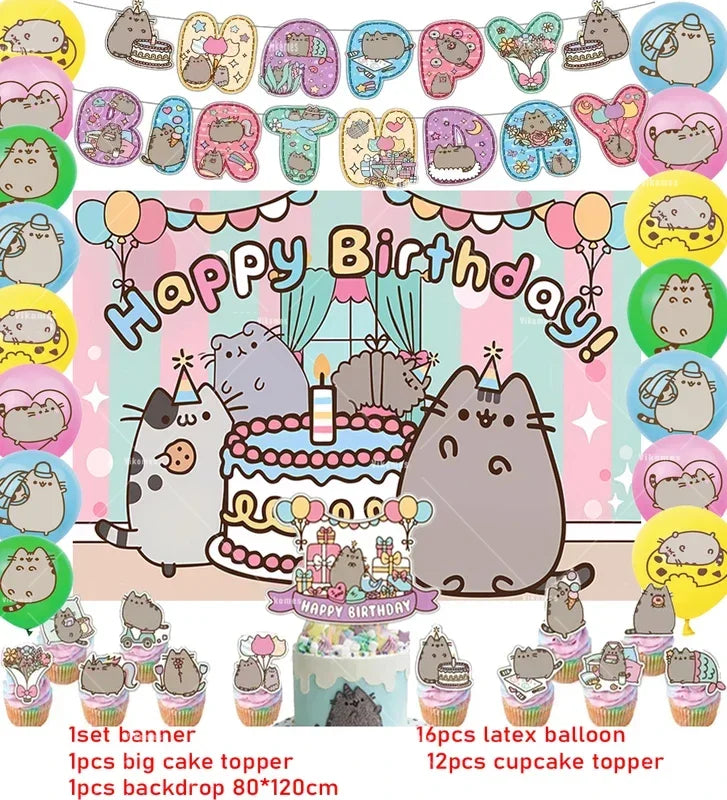 Pusheen Cat Birthday Party Decorations - Cartoon Pet Theme Balloons, Banner, Backdrop, Cake Topper, and Baby Shower Stickers