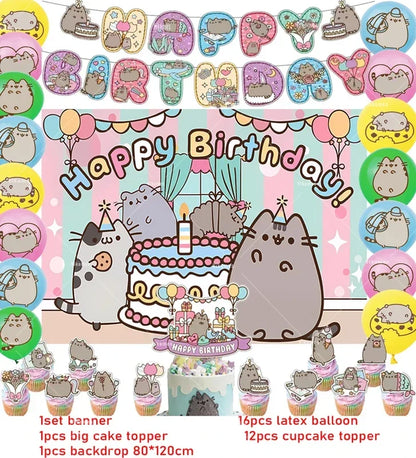 Pusheen Cat Birthday Party Decorations - Cartoon Pet Theme Balloons, Banner, Backdrop, Cake Topper, and Baby Shower Stickers