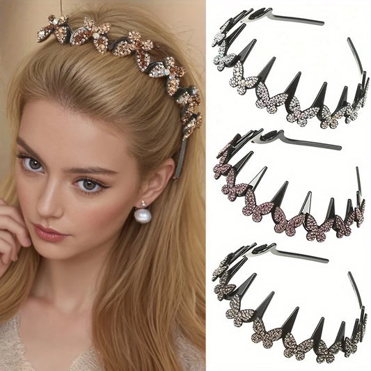 Rhinestone Butterfly Wavy Headband - Stylish Flyaway Hair Holder for Women & Teens
