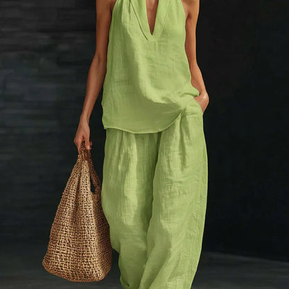 2026 Women’s Spring Retro Cotton Linen Set – Elegant V-Neck Sleeveless Top & Wide-Leg Trousers Summer Outfit