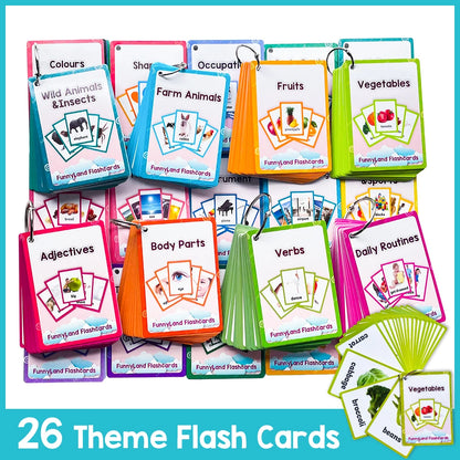 Kids English Vocabulary Flashcards - 26 Themes Fruits Animals Vehicles & Learning Activity Cards