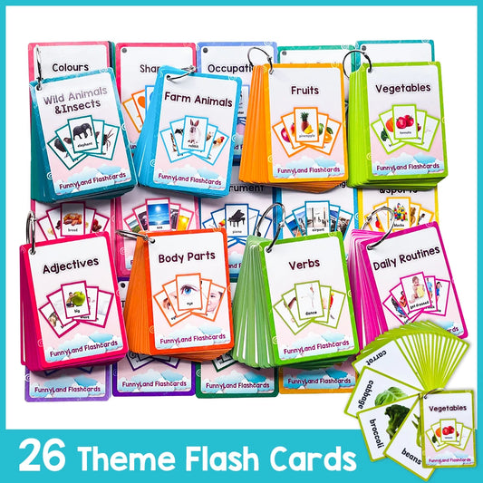 Kids English Vocabulary Flashcards - 26 Themes Fruits Animals Vehicles & Learning Activity Cards