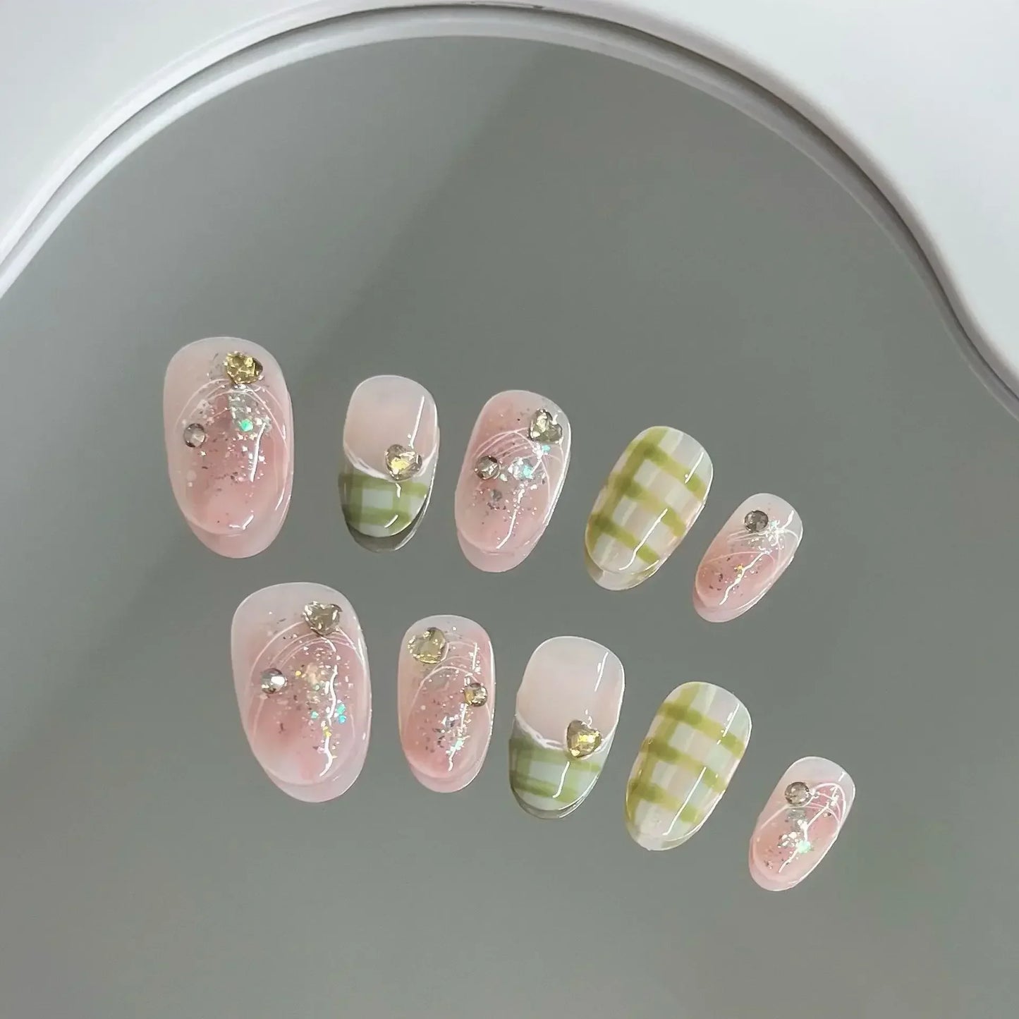 10 Pcs Short Handmade Pink Press-On Nails – Spring French Rhinestone Plaid Full Cover Fake Nail Tips