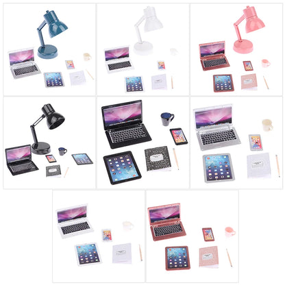 6–7PCS 1:12 Dollhouse Miniature Study Desk Set — Laptop, Phone, Tablet, Lamp & Books Scene Decor