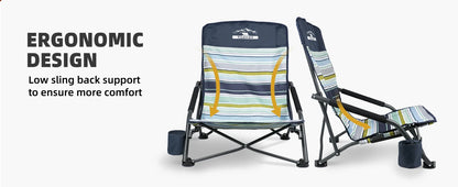 Tisetrail 2-Pack Portable Beach Chairs – Low Back Sling Chairs with Cup Holder, Folding Mesh Sand Chairs for Adults, Lightweight