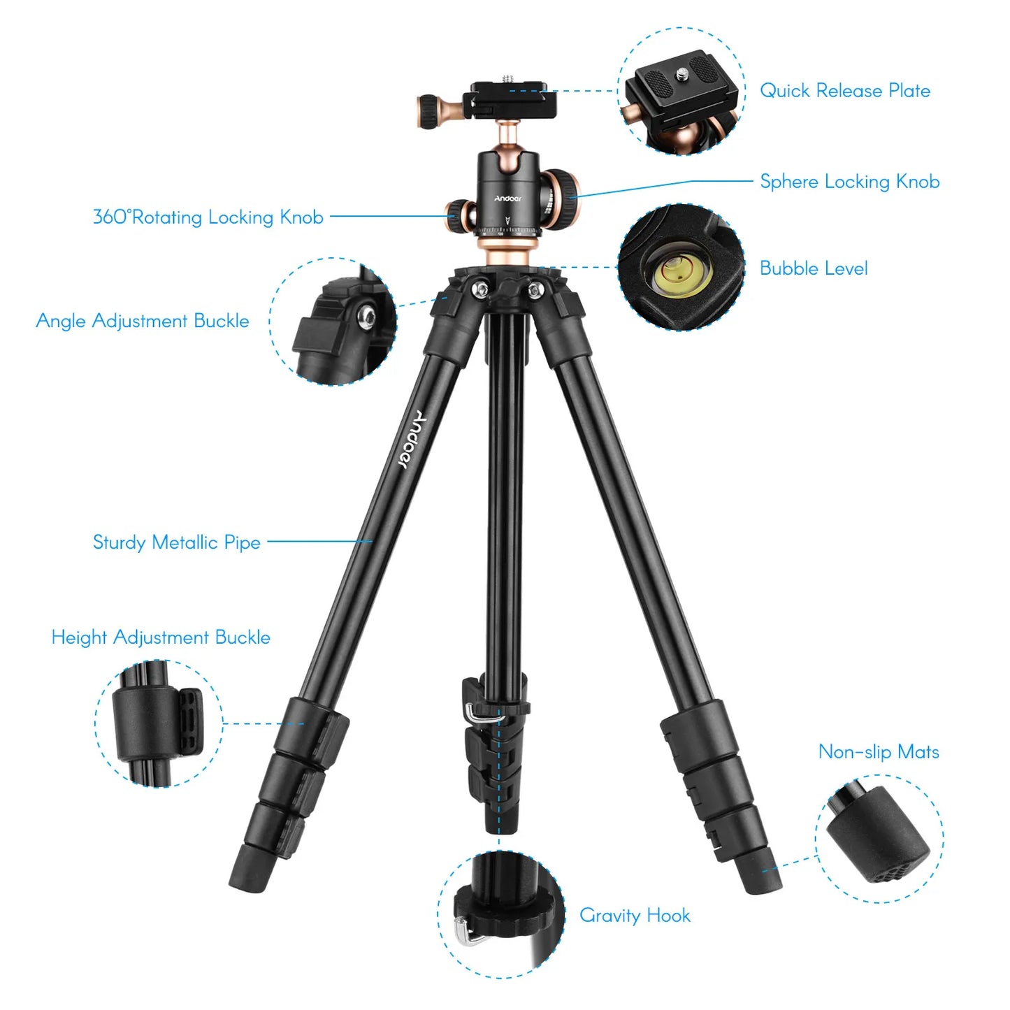 Andoer Q160SA Camera Tripod – Panoramic Ballhead for DSLR, Digital Cameras, Camcorders, Canon, Nikon, Sony