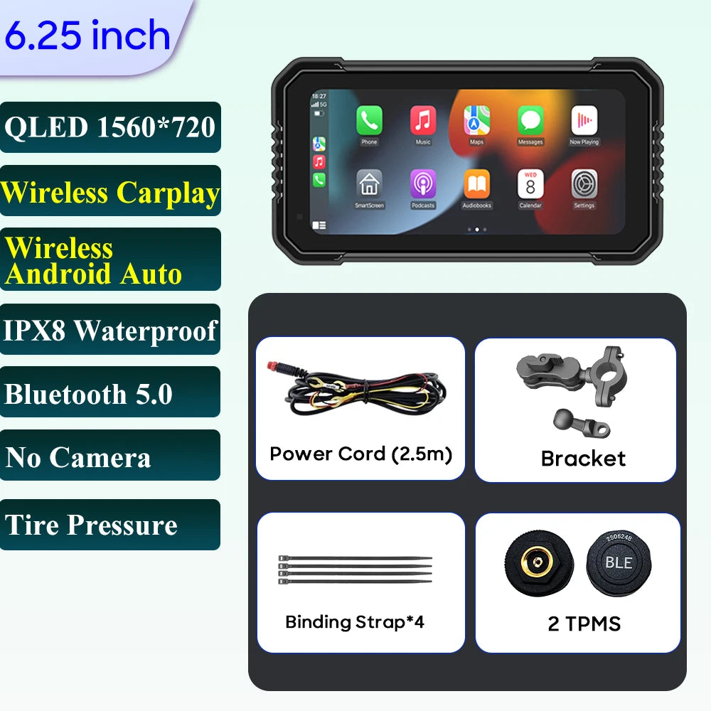 6.25-Inch Motorcycle GPS Navigation Screen with Wireless CarPlay & Android Auto – 1560x720 Resolution, Motor DVR Monitor, TPMS Optional