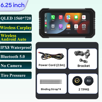 6.25-Inch Motorcycle GPS Navigation Screen with Wireless CarPlay & Android Auto – 1560x720 Resolution, Motor DVR Monitor, TPMS Optional