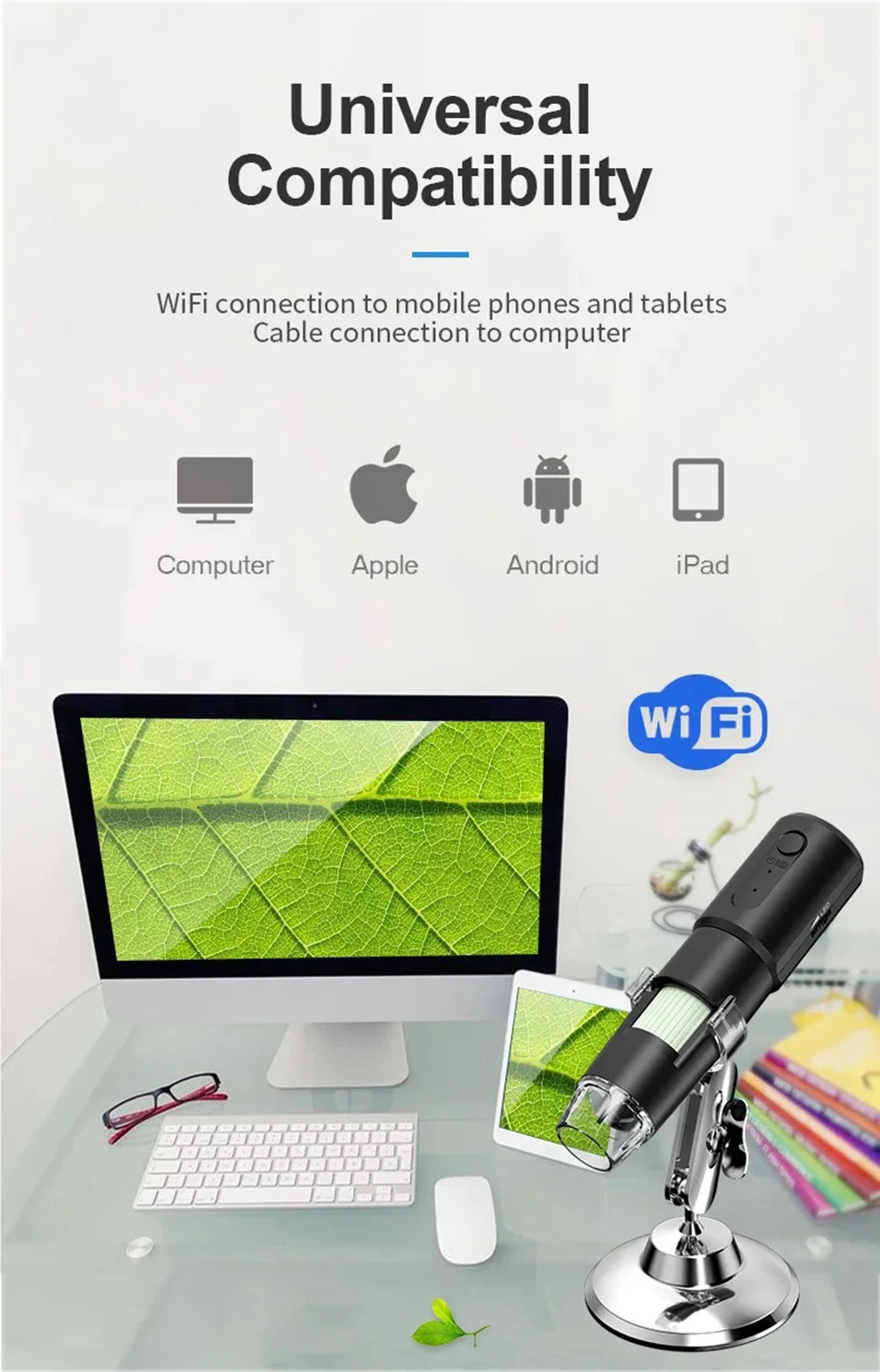 WiFi Digital Microscope - Wireless Electron Dermatoscope for Scalp Detection, Pores Magnifier & Skin Analyzer