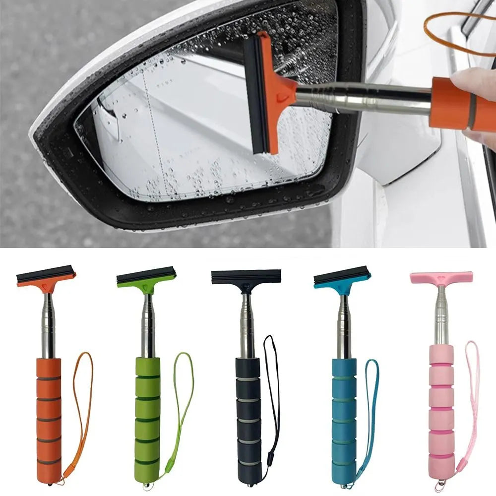 Stainless Steel Telescopic Car Rearview Mirror Wiper : Retractable Brush Head for Window Wash & Cleaning - Handheld Wiper Tool