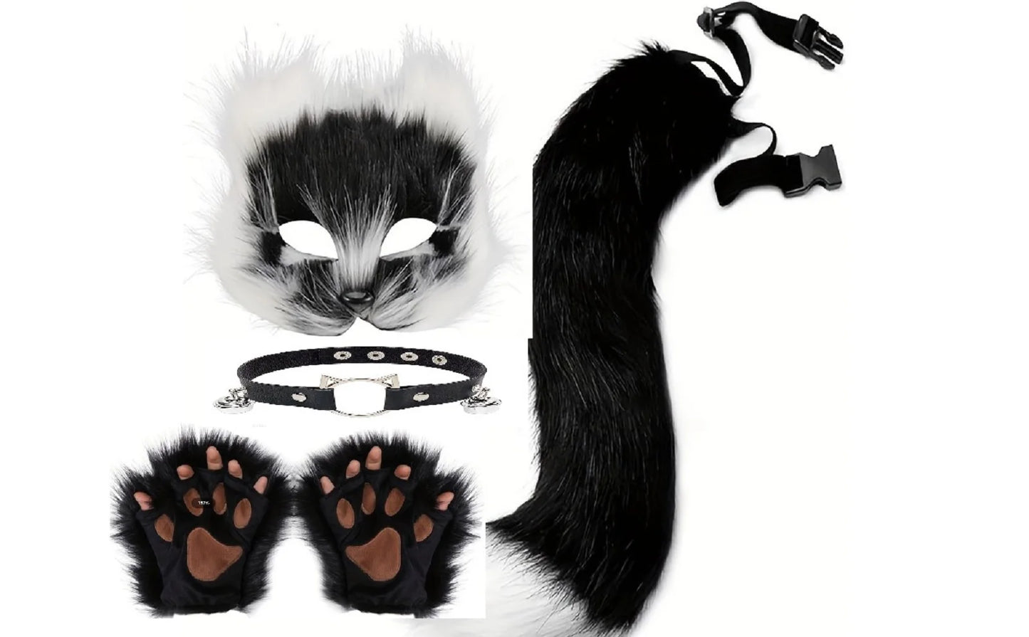 5pcs Fluffy Fur Fox Tail & Cat Paws Gloves Set — Wolf Mask Halloween Cosplay Costume Accessories for Theme Party Dress-Up