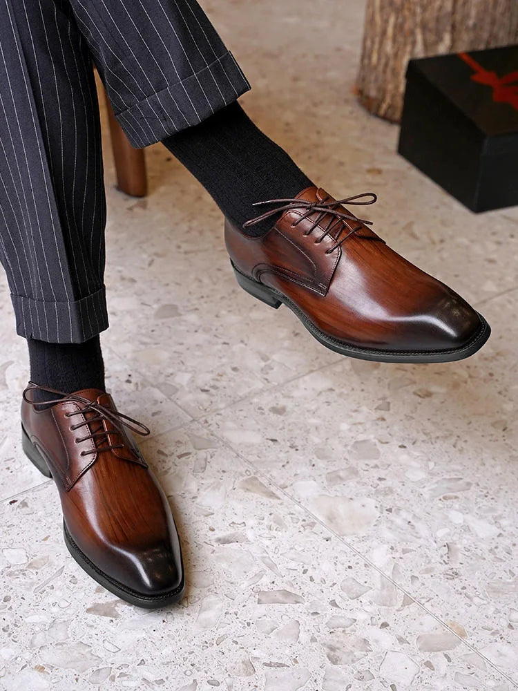 Men's Wood Grain Leather Derby Shoes - Square Toe Business Casual Office Dress Shoes