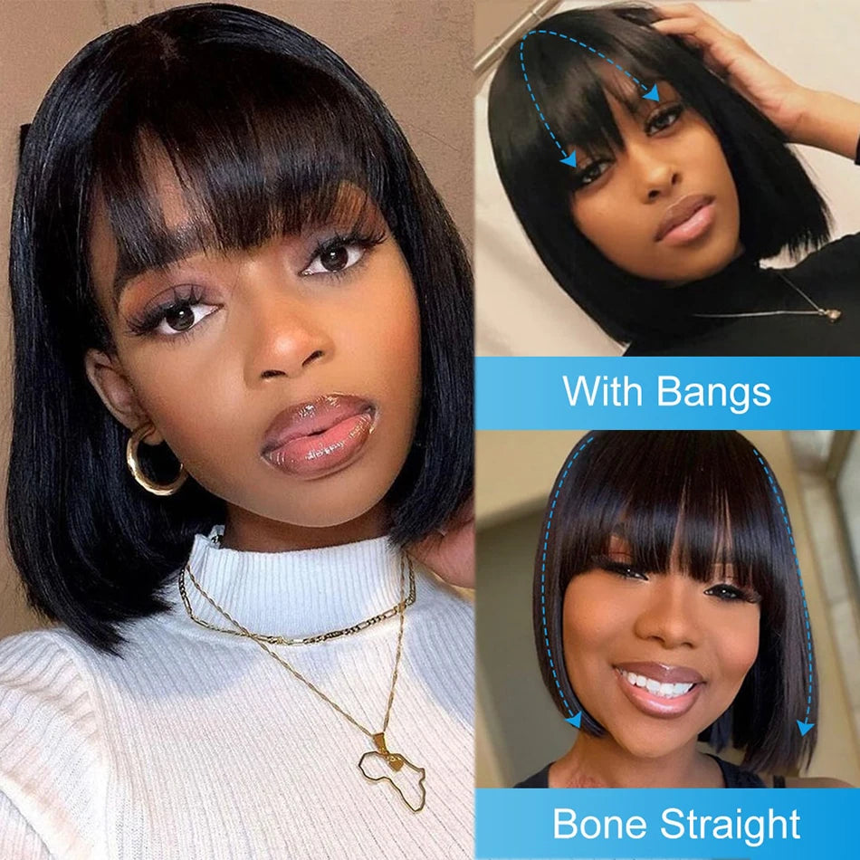 3-in-1 Middle Part Bob Lace Wig — Straight Short Human Hair with Bangs, Machine Made for Women