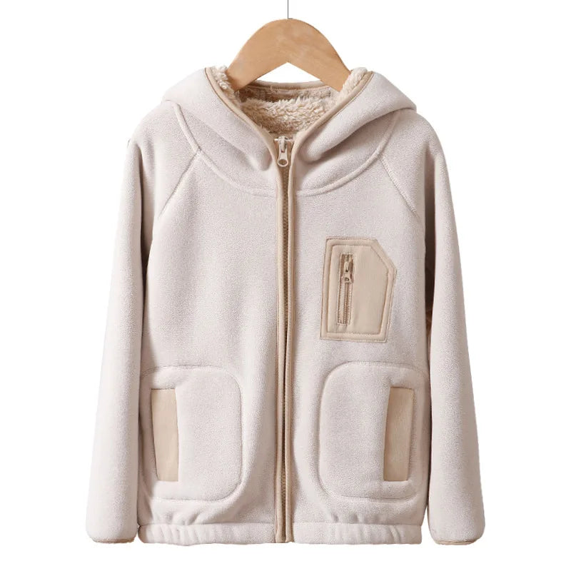 Kids Hooded Winter Jacket - Thick Velvet Warm Windproof Zipper Coat for Boys & Girls