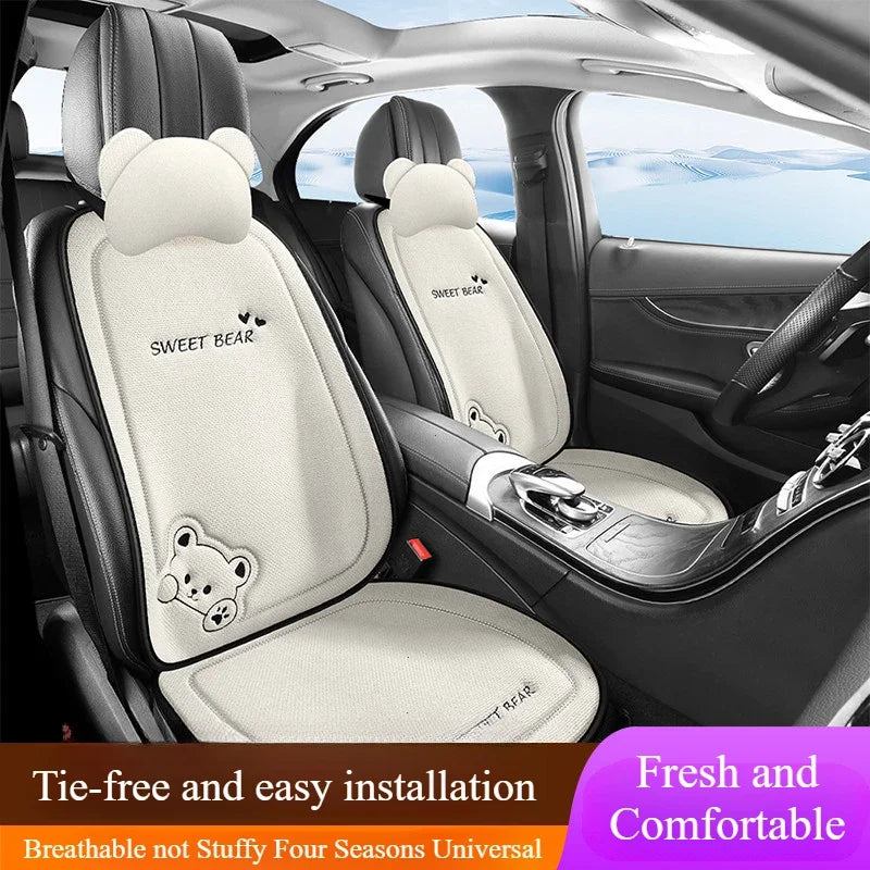 Universal Cartoon Bear Linen Car Seat Cushion - Cute, Breathable, Anti-Slip Seat Protector for Women and Everyday Driving