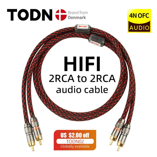 TODN 1 Pair RCA Audio Cable – 2 RCA to 2 RCA Interconnects, HIFI Stereo, Male to Male for Amplifier, DAC, TV, Car Audio