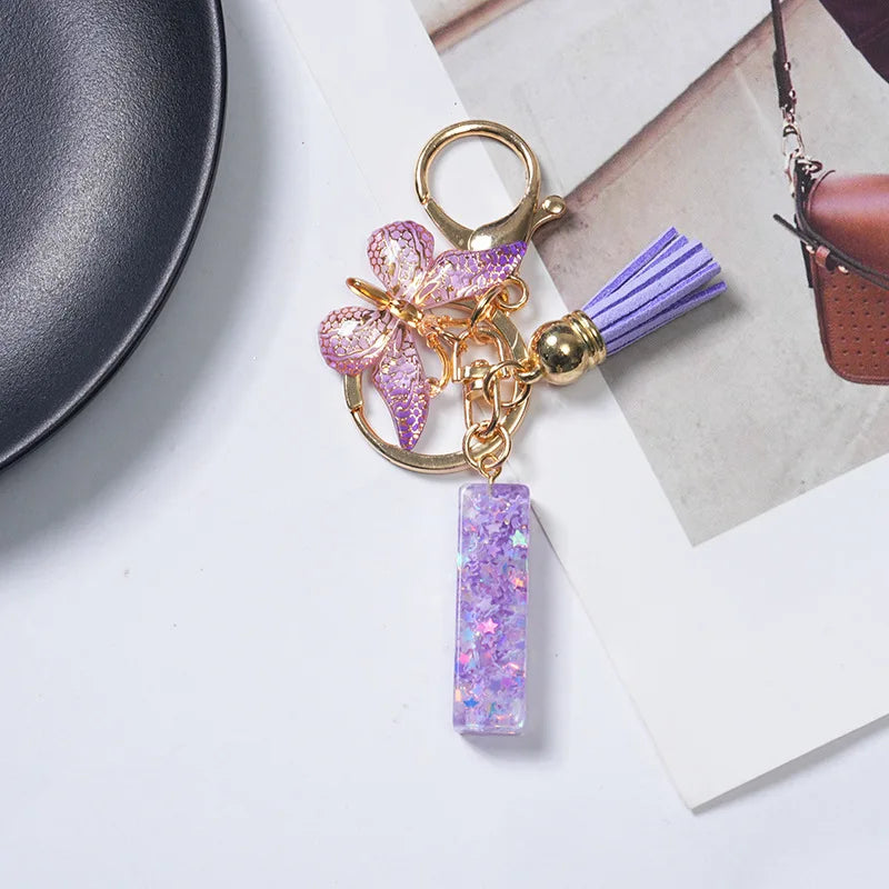 A-Z Initial Letter Sequin Keychain - Purple Butterfly Tassel Resin Keyring Backpack Charm Gift