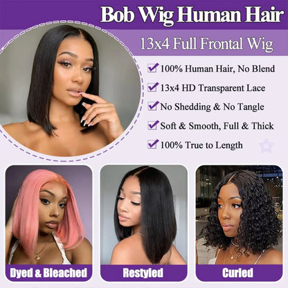 Bob Wigs 13x6 Lace Front Human Hair — 220 Density Short Straight Brazilian Closure HD Transparent Lace Frontal for Women