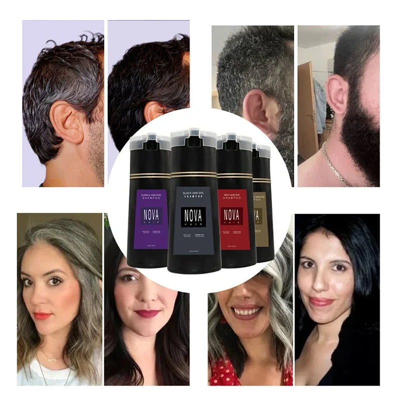 Nova 3-in-1 Hair Dye Shampoo – Natural Fast Black Hair Coloring for Men & Women, Long-Lasting Hair Care