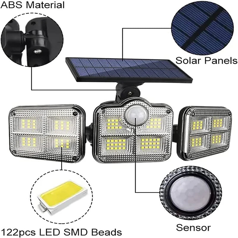 Outdoor 122 LED Solar Motion Sensor Flood Light, 4-Head 3000 Lumens Waterproof Security Lamp with 270° Wide Lighting Range