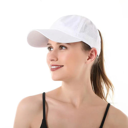 Summer Solid Color Baseball Cap – Quick-Drying Mesh Golf & Sports Hat for Women, Cross Ponytail Design, Men's Peaked Cap