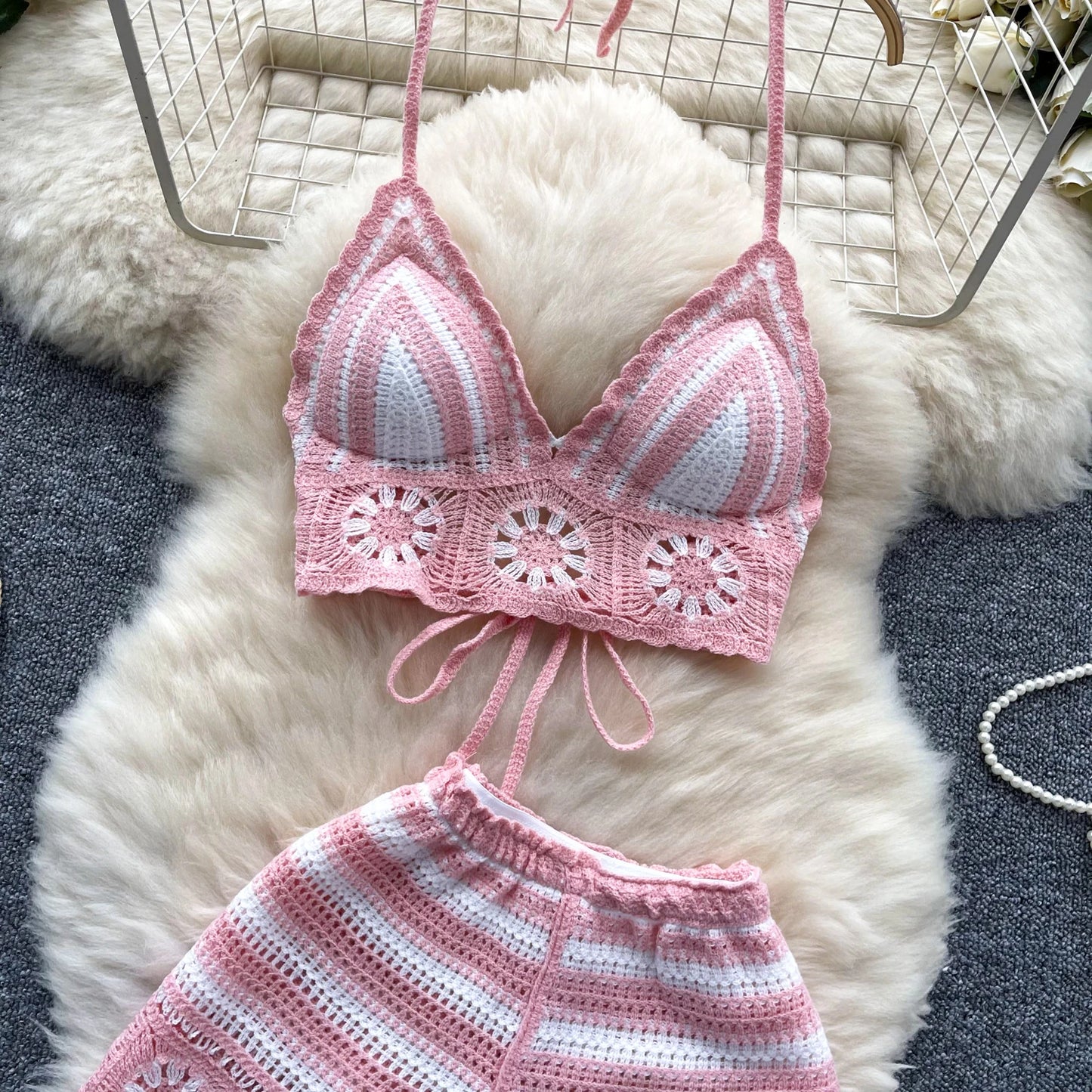 SINGREINY Women's Beach Knit 2-Piece Set – Halter Lace-Up Camis & Elastic Waist Shorts, Hollow Hook Flower Design