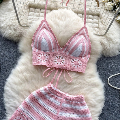 SINGREINY Women's Beach Knit 2-Piece Set – Halter Lace-Up Camis & Elastic Waist Shorts, Hollow Hook Flower Design