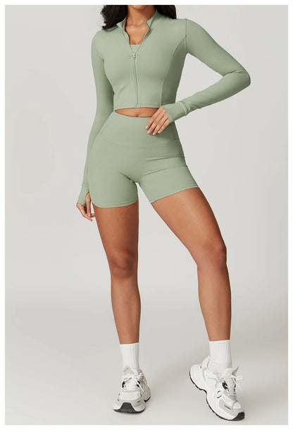 3PCS Women’s Yoga & Workout Set – Long Sleeve Zipper Top with High Waist Leggings Fitness Sportswear