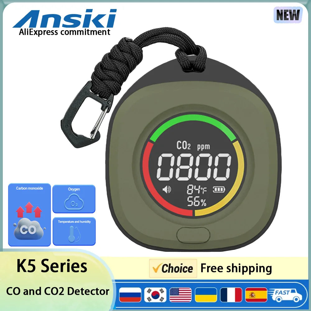 FMAi K5 Carbon Monoxide Detector - Portable Rechargeable CO & CO2 Monitor with LED Display and Alarm