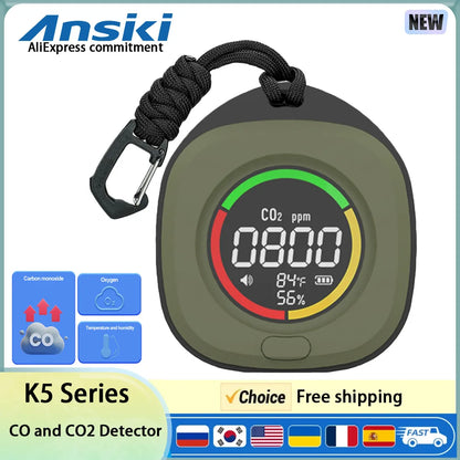 FMAi K5 Carbon Monoxide Detector - Portable Rechargeable CO & CO2 Monitor with LED Display and Alarm