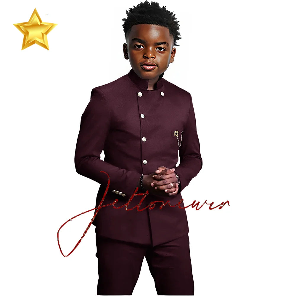 African Style Boys Suit - Stand Collar Blazer and Pants 2 Piece Casual Business Kids Formal Wear