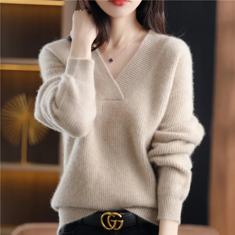 Women’s Knitted V-Neck Sweater – Long Sleeve Solid Pullover Knit Top