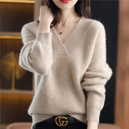 Women’s Knitted V-Neck Sweater – Long Sleeve Solid Pullover Knit Top