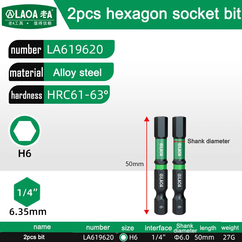 LAOA 2-Piece Alloy Steel Magnetic Impact Driver Bits - Impact-Resistant Cross & Hex Socket Bits