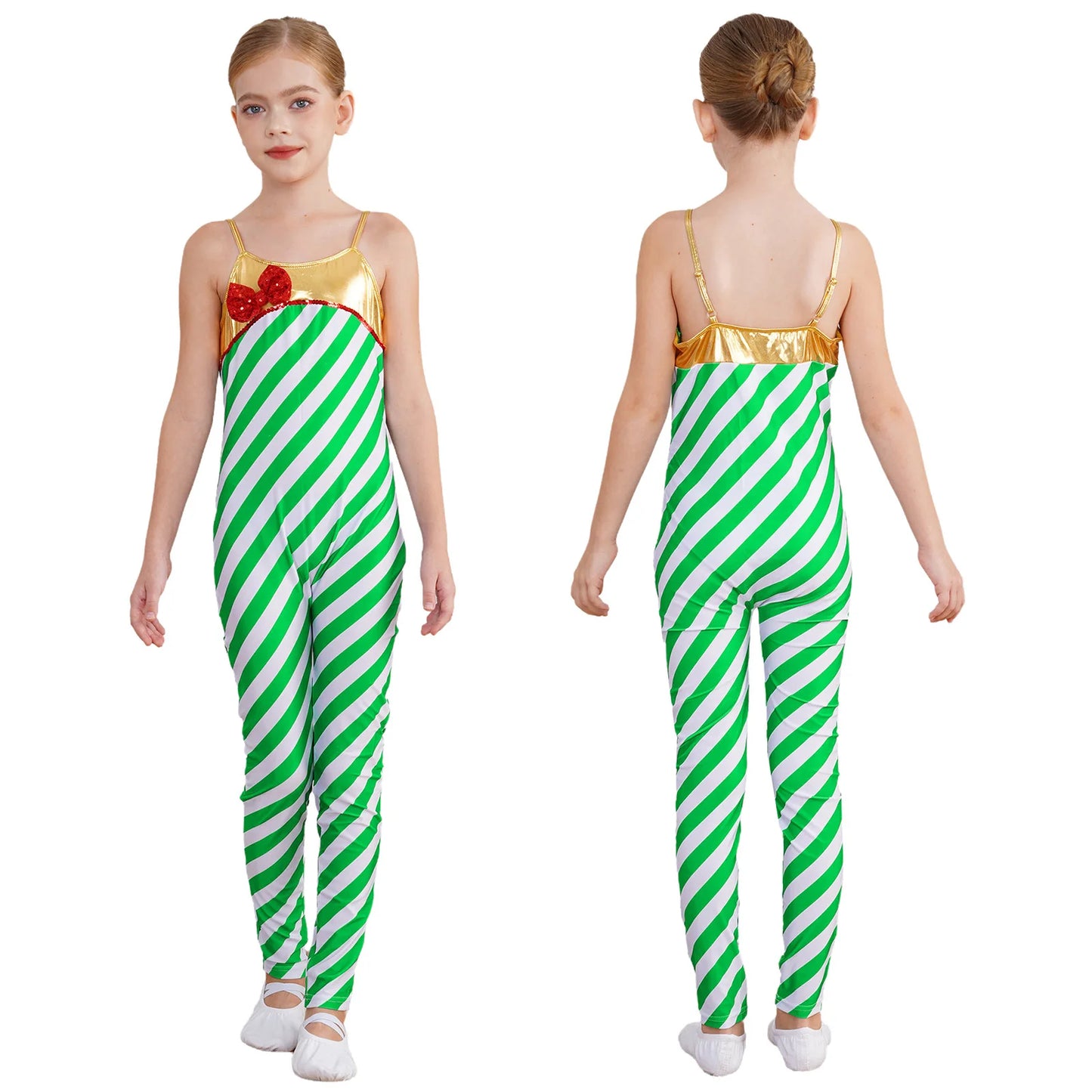 Kids Candy Cane Striped Christmas Tutu Leotard — Sequined Santa Bodysuit for Ballet & Gymnastics