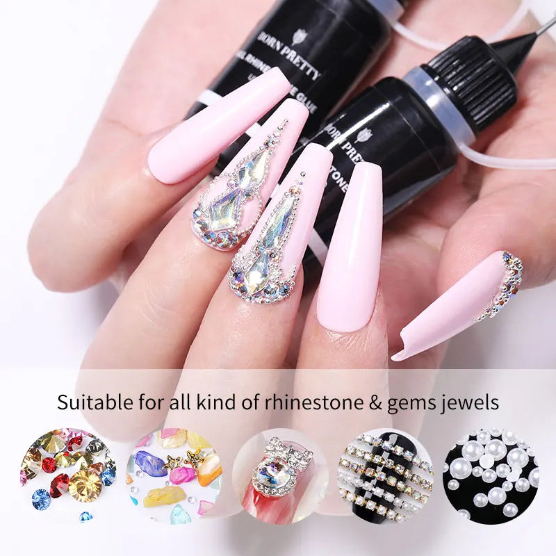 BORN PRETTY 10g Gel Nail Glue for Rhinestones - Super Adhesive, No Wipe Nail Gem Glue for 3D Crystals, Beads, Diamonds & Stickers