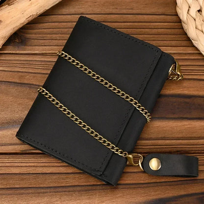 Men’s Genuine Leather Short Wallet with Chain – Trifold Zipper Clutch, Card Holder & Coin Purse