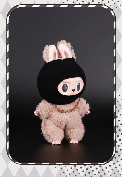 Labubu Doll Accessories – Trendy Black Knit Hat & Necklace Set, Cute and Funny Street Fashion Style