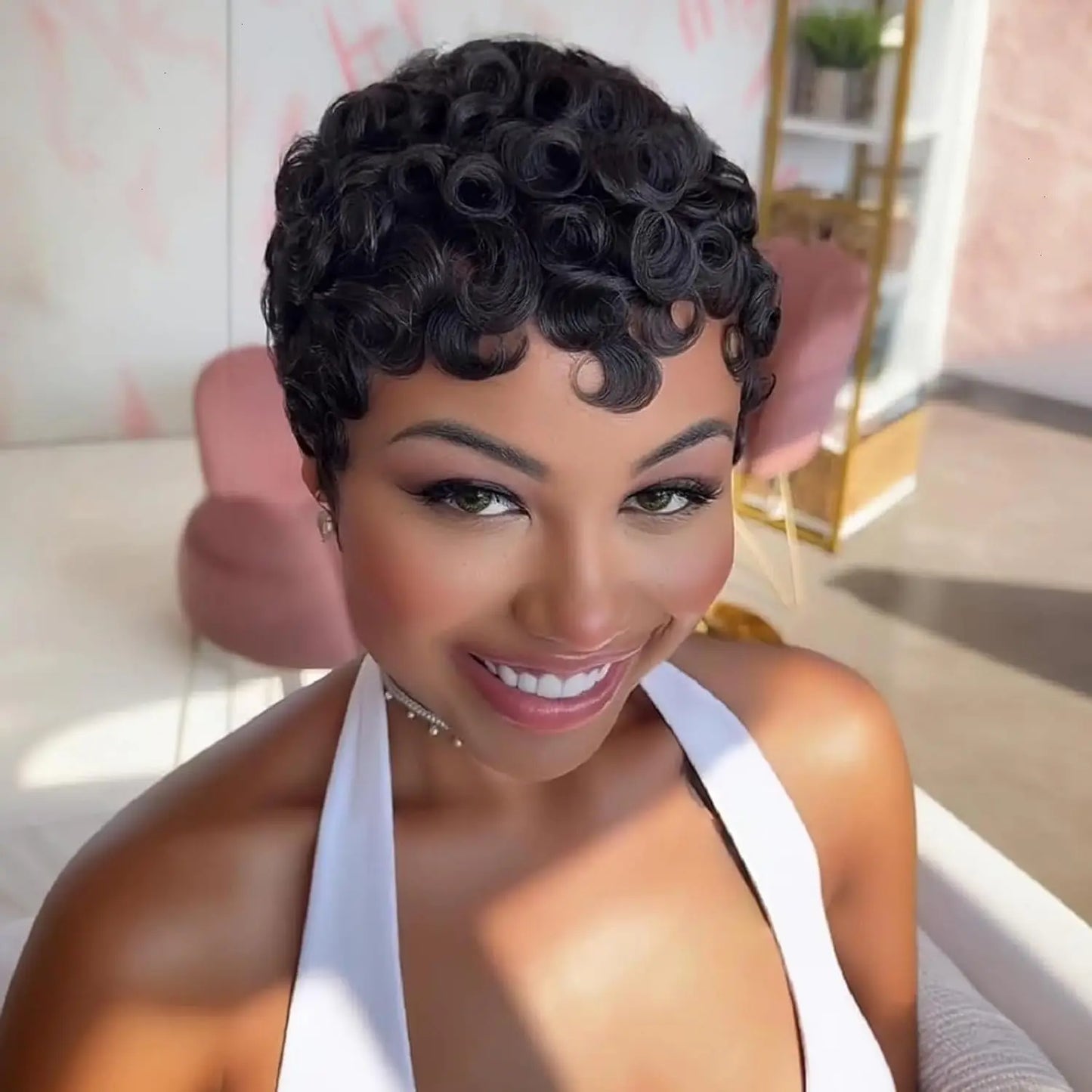Short Layered Pixie Curly Human Hair Wig with Bangs – Glueless Full Machine Made Natural Look (4# 99J Color)