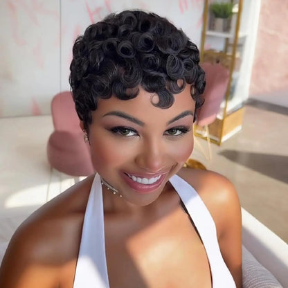 Short Layered Pixie Curly Human Hair Wig with Bangs – Glueless Full Machine Made Natural Look (4# 99J Color)