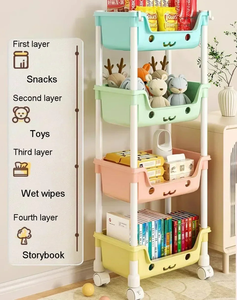 4 Layer Toy Storage Trolley & Bookshelf - Kids Organizer, Snack Rack, Bathroom & Kitchen Storage