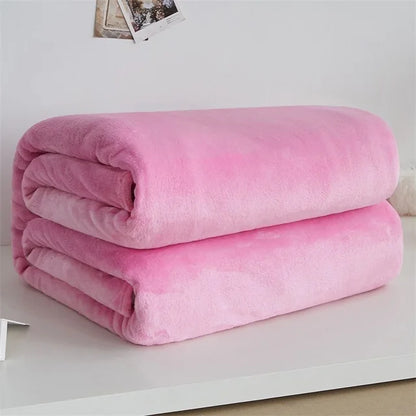230GSM Coral Fleece Flannel Blanket – Soft Warm Solid Color Bedspread Sofa Throw Faux Fur Plaid Blanket (Blue/Pink)