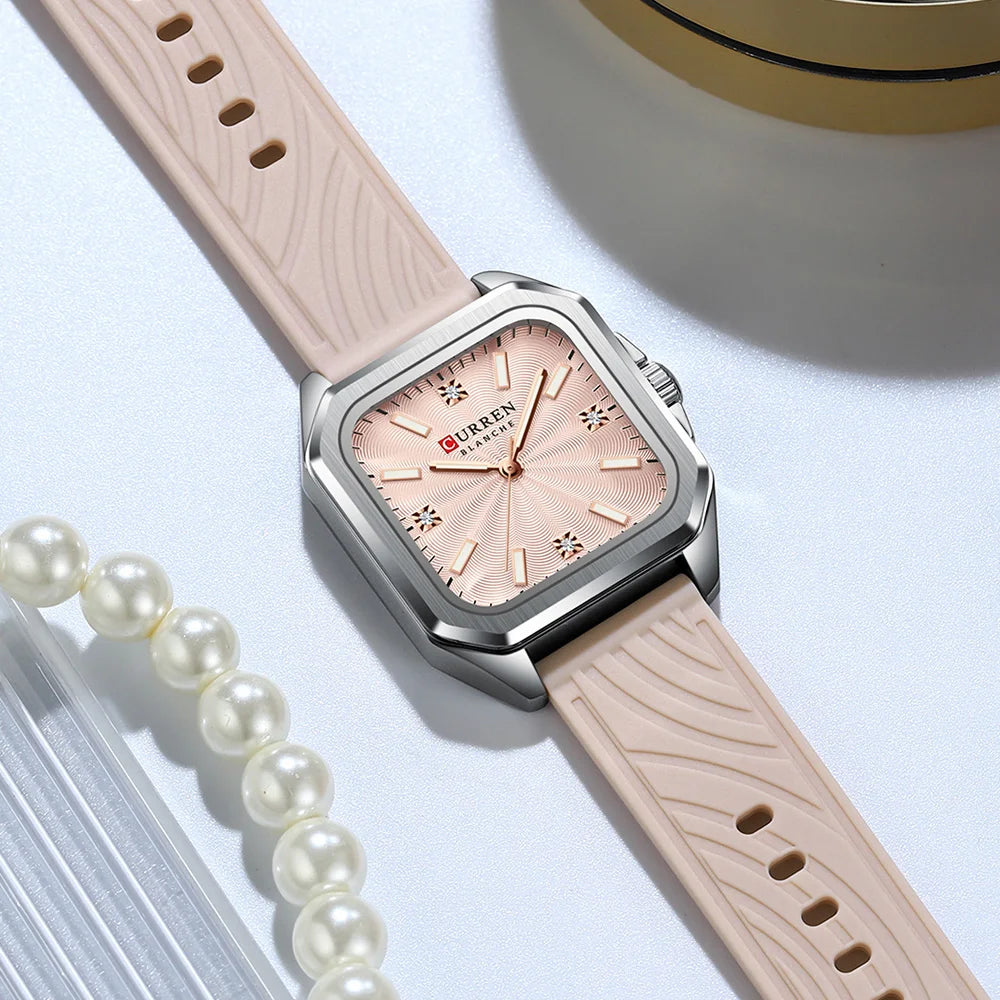 CURREN Square Women’s Quartz Watch - Casual Silicone Strap Fashion Wristwatch with Gift Box