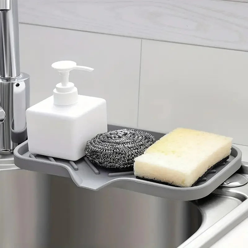 Sink Silicone Tray with Drain – Soap & Sponge Holder, Countertop Scrubber Brush Storage Rack, Kitchen Organizer