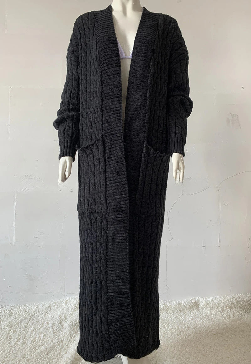 Women’s Long Knit Cardigan with Pockets – Vintage Full Sleeve Thick Autumn Winter Sweater Coat